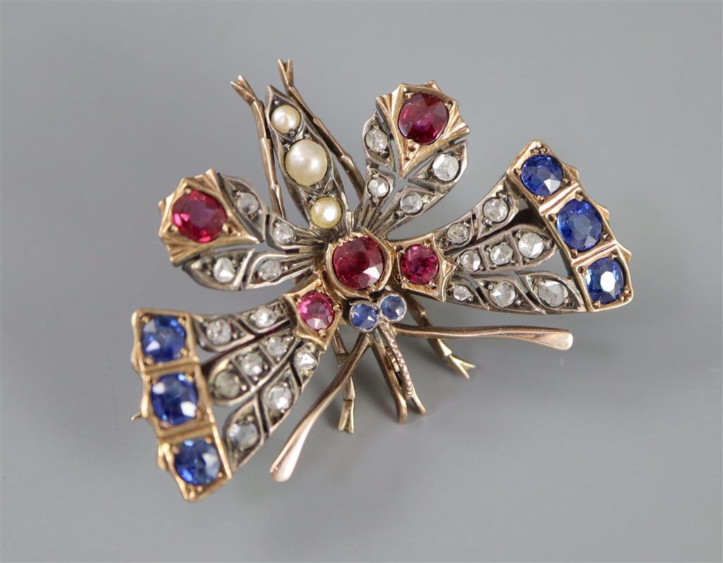 A Victorian, gold and silver, ruby, sapphire, split pearl and rose cut diamond set butterfly pendant brooch,